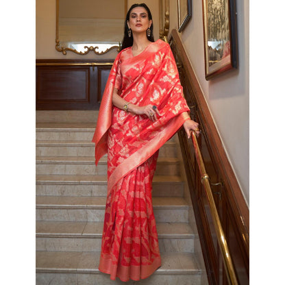 Dress & Dazzle Ruby Red Banarasi Organza Saree with Unstitched Blouse