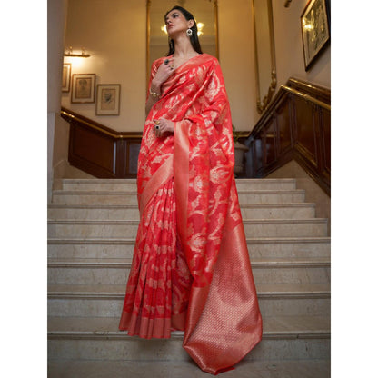 Dress & Dazzle Ruby Red Banarasi Organza Saree with Unstitched Blouse