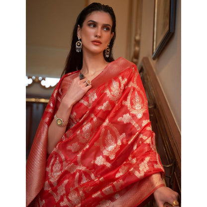 Dress & Dazzle Ruby Red Banarasi Organza Saree with Unstitched Blouse
