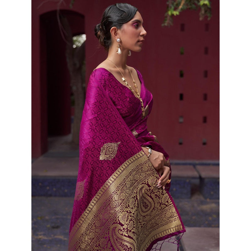 Dress & Dazzle Magenta Tanchui Silk Saree with Unstitched Blouse