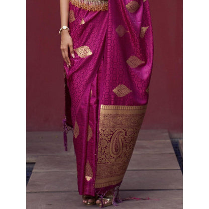 Dress & Dazzle Magenta Tanchui Silk Saree with Unstitched Blouse