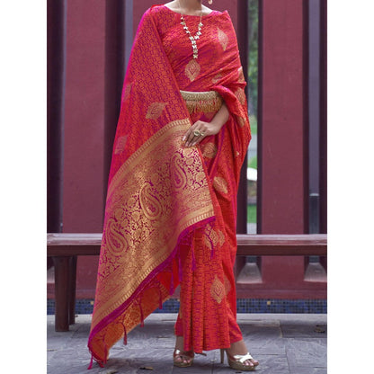 Dress & Dazzle Orange Tanchui Silk Saree with Unstitched Blouse