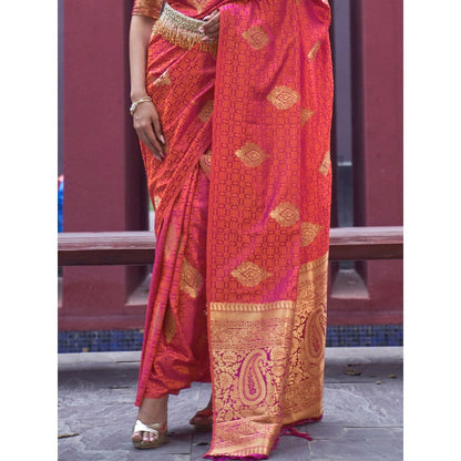 Dress & Dazzle Orange Tanchui Silk Saree with Unstitched Blouse