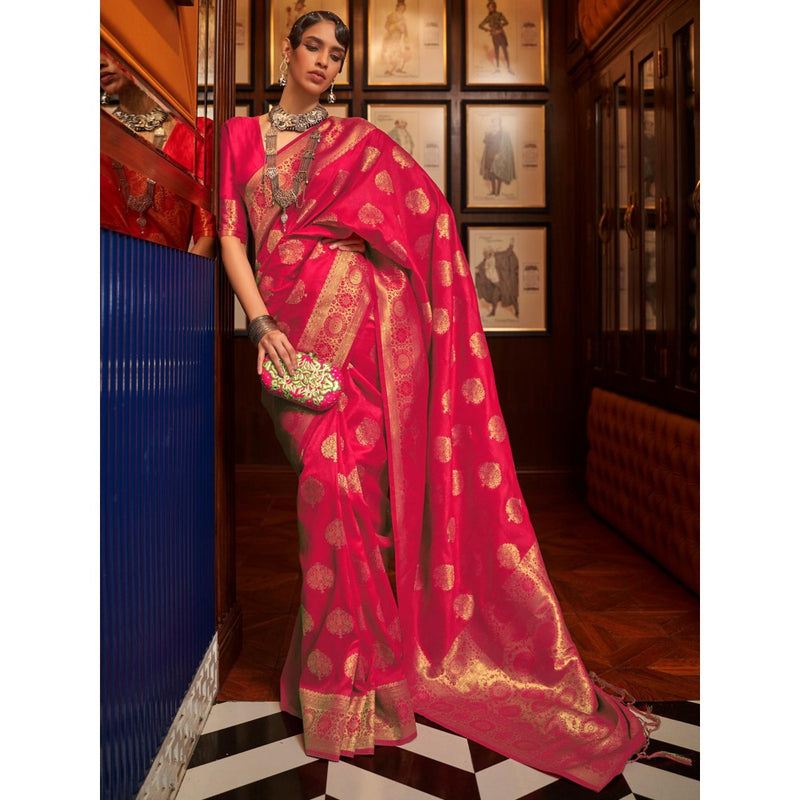 Dress & Dazzle Stunning Pink Tanchui Silk Saree with Unstitched Blouse
