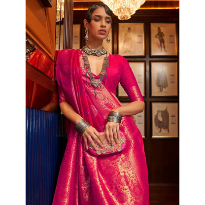 Dress & Dazzle Stunning Pink Tanchui Silk Saree with Unstitched Blouse