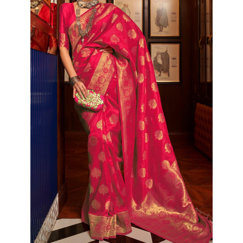 Dress & Dazzle Stunning Pink Tanchui Silk Saree with Unstitched Blouse