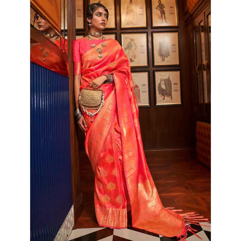 Dress & Dazzle Carrot Pink Tanchui Silk Saree with Unstitched Blouse