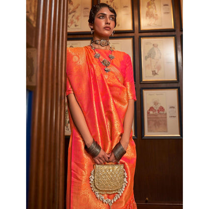 Dress & Dazzle Carrot Pink Tanchui Silk Saree with Unstitched Blouse