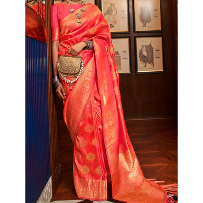 Dress & Dazzle Carrot Pink Tanchui Silk Saree with Unstitched Blouse