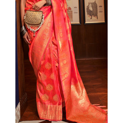 Dress & Dazzle Carrot Pink Tanchui Silk Saree with Unstitched Blouse