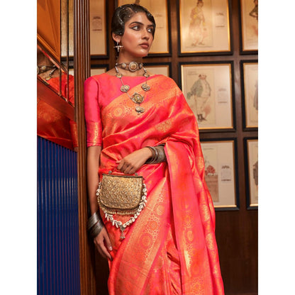 Dress & Dazzle Carrot Pink Tanchui Silk Saree with Unstitched Blouse