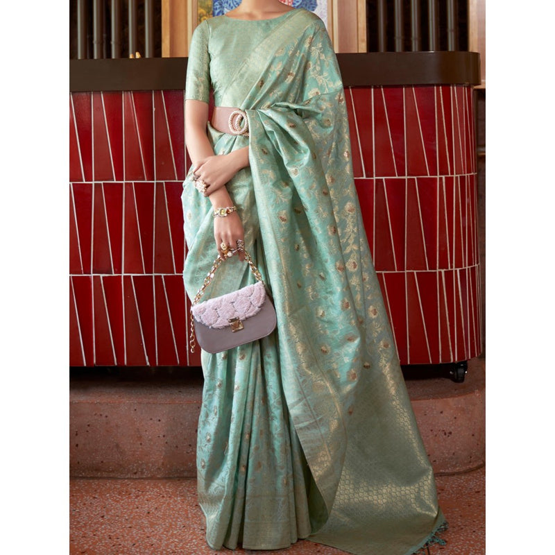 Dress & Dazzle Mint Green Banarasi Silk Saree with Unstitched Blouse