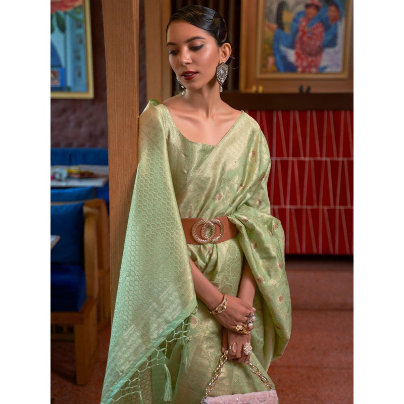 Dress & Dazzle Pista Green Banarasi Silk Saree with Unstitched Blouse