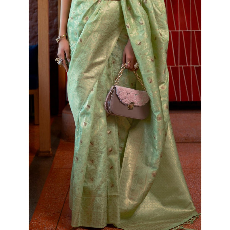 Dress & Dazzle Pista Green Banarasi Silk Saree with Unstitched Blouse