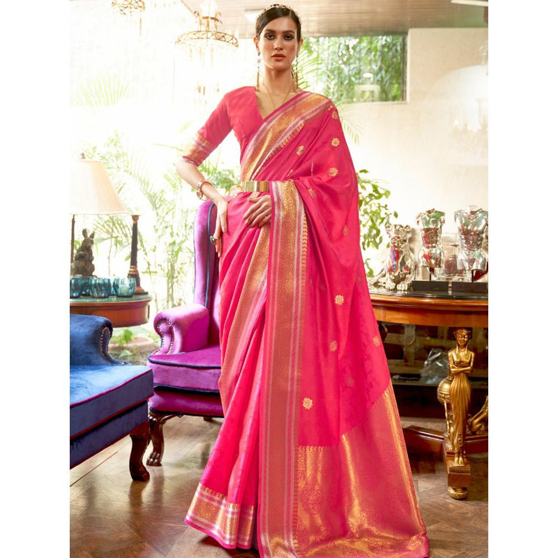 Dress & Dazzle Hot Pink Kanjivaram Silk Saree with Unstitched Blouse