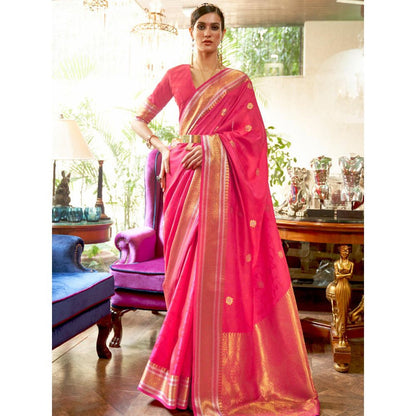 Dress & Dazzle Hot Pink Kanjivaram Silk Saree with Unstitched Blouse