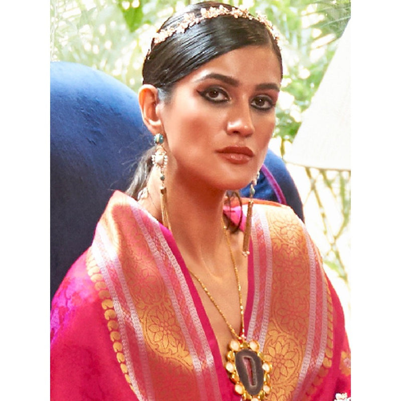 Dress & Dazzle Hot Pink Kanjivaram Silk Saree with Unstitched Blouse