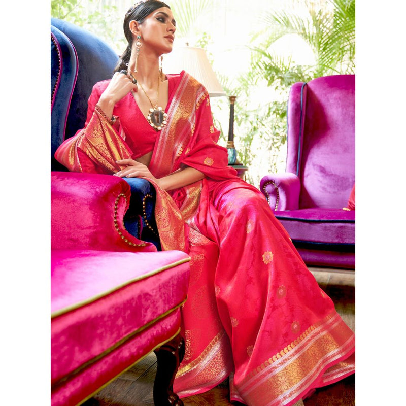 Dress & Dazzle Hot Pink Kanjivaram Silk Saree with Unstitched Blouse