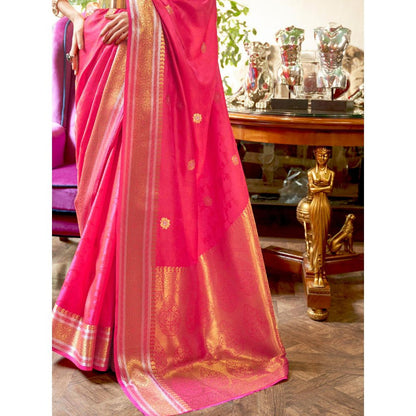 Dress & Dazzle Hot Pink Kanjivaram Silk Saree with Unstitched Blouse
