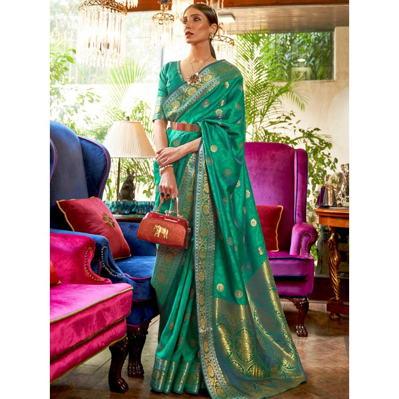 Dress & Dazzle Garden Green Kanjivaram Silk Saree with Unstitched Blouse