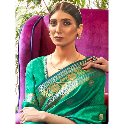 Dress & Dazzle Garden Green Kanjivaram Silk Saree with Unstitched Blouse