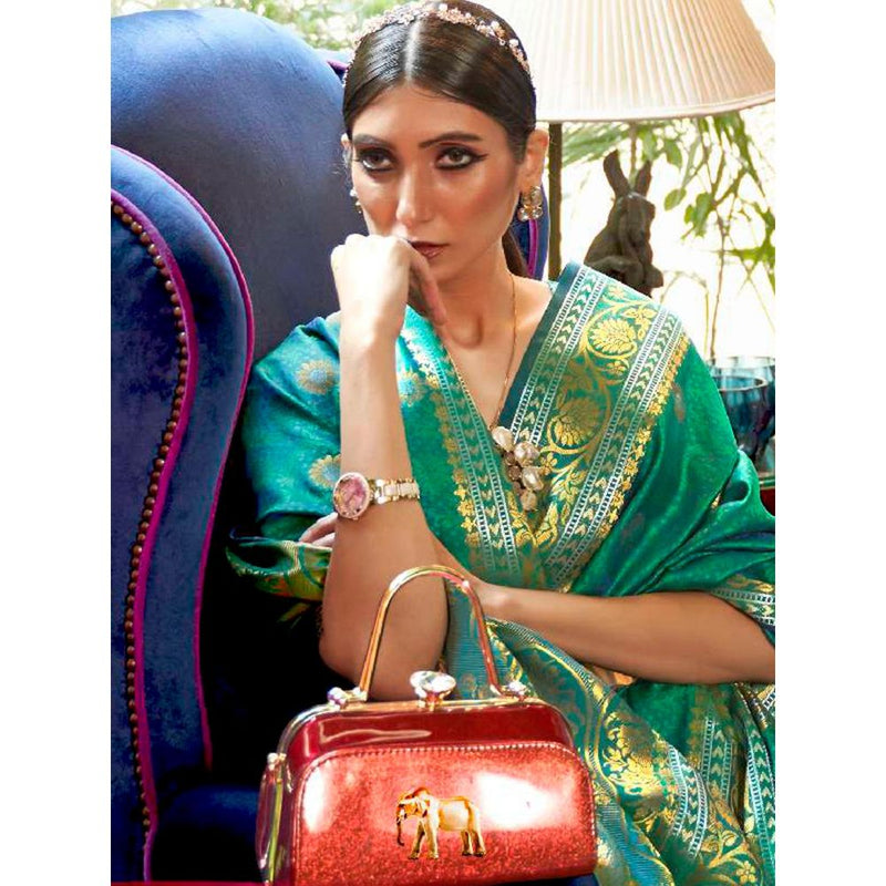 Dress & Dazzle Garden Green Kanjivaram Silk Saree with Unstitched Blouse