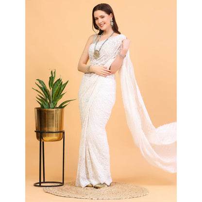 Dress & Dazzle White Lucknowi Cotton Embroidered Saree with Unstitched Blouse