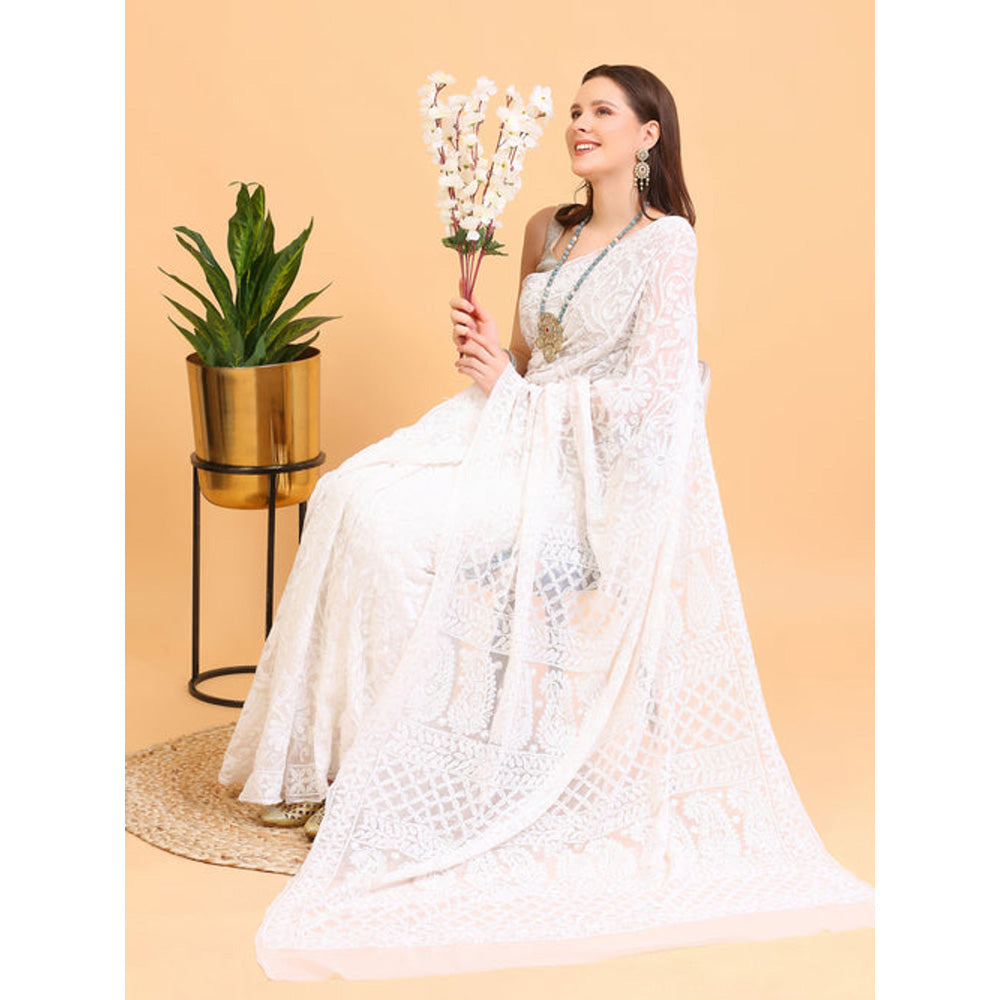 Dress & Dazzle White Lucknowi Cotton Embroidered Saree with Unstitched Blouse