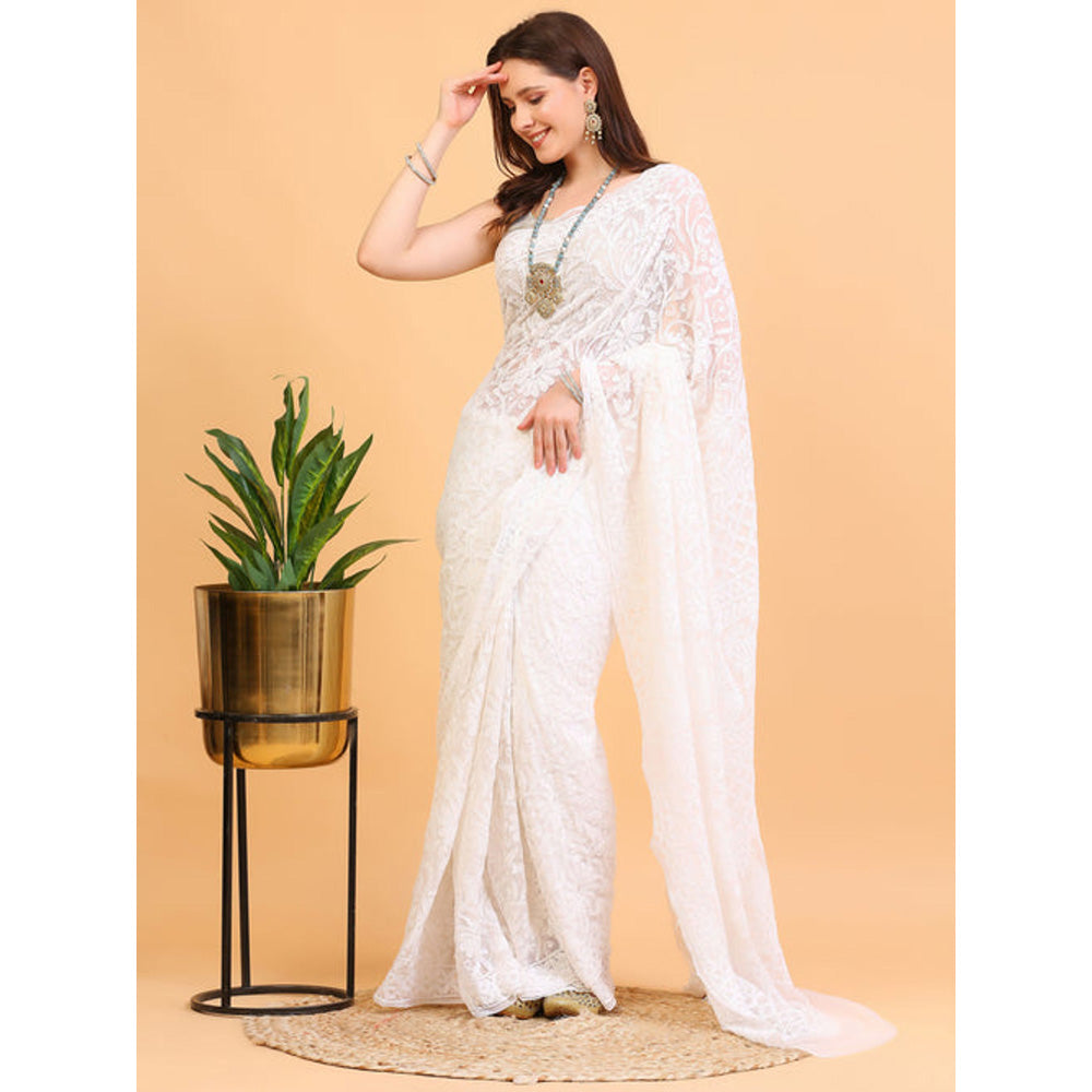 Dress & Dazzle White Lucknowi Cotton Embroidered Saree with Unstitched Blouse