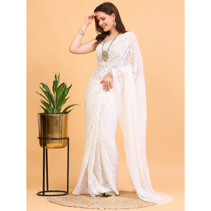 Dress & Dazzle White Lucknowi Cotton Embroidered Saree with Unstitched Blouse