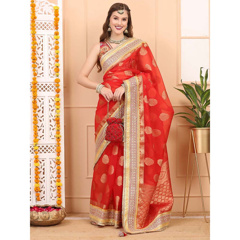 Dress & Dazzle Red Kora Banarasi Saree with Unstitched Blouse