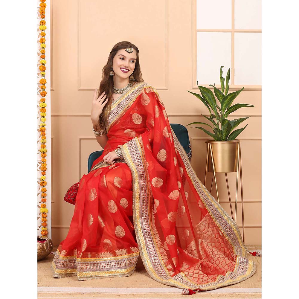 Dress & Dazzle Red Kora Banarasi Saree with Unstitched Blouse