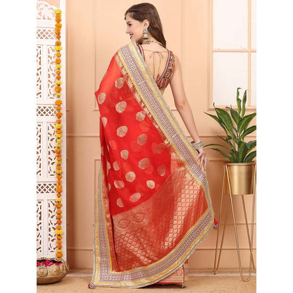 Dress & Dazzle Red Kora Banarasi Saree with Unstitched Blouse