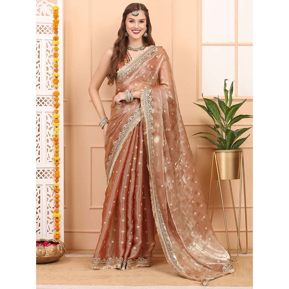 Dress & Dazzle Peach Gold Tissue Saree with Unstitched Blouse