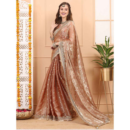 Dress & Dazzle Peach Gold Tissue Saree with Unstitched Blouse