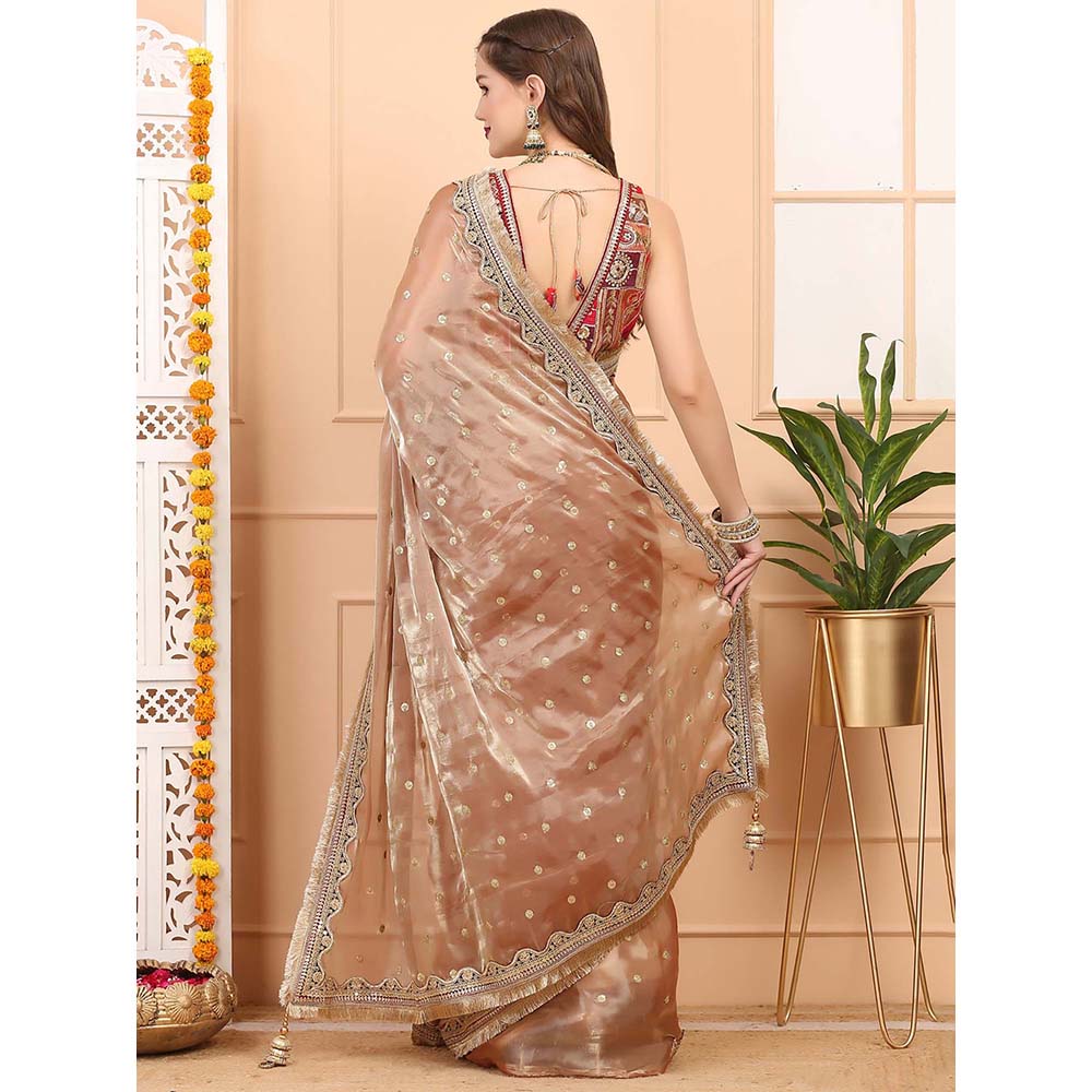 Dress & Dazzle Peach Gold Tissue Saree with Unstitched Blouse