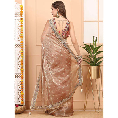 Dress & Dazzle Peach Gold Tissue Saree with Unstitched Blouse