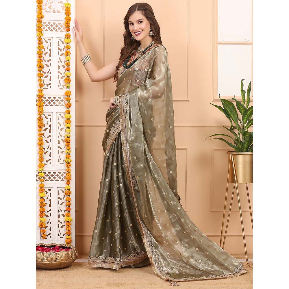 Dress & Dazzle Leaf Green Tissue Saree with Unstitched Blouse