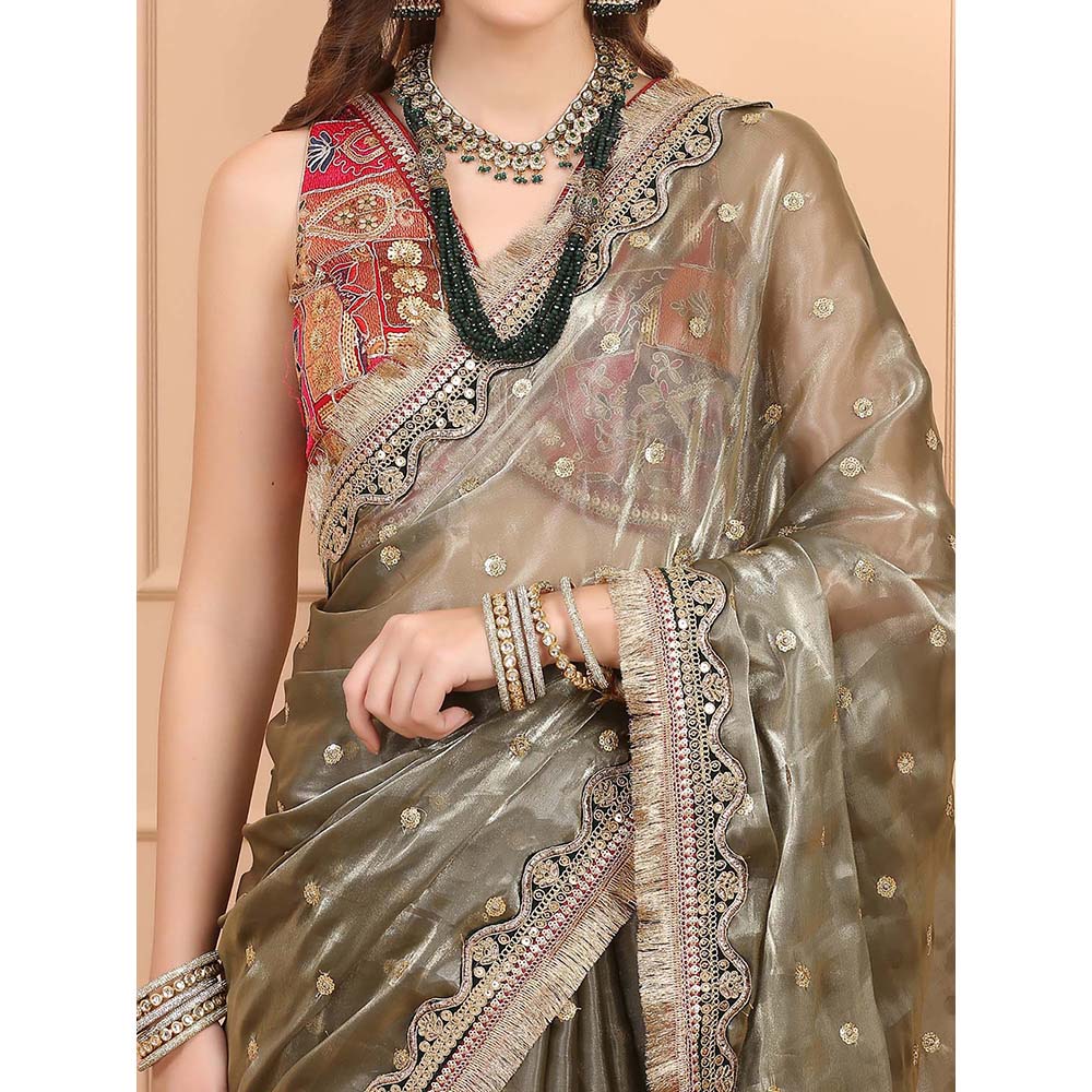 Dress & Dazzle Leaf Green Tissue Saree with Unstitched Blouse