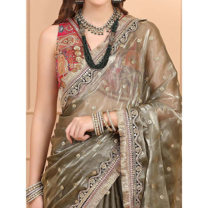 Dress & Dazzle Leaf Green Tissue Saree with Unstitched Blouse