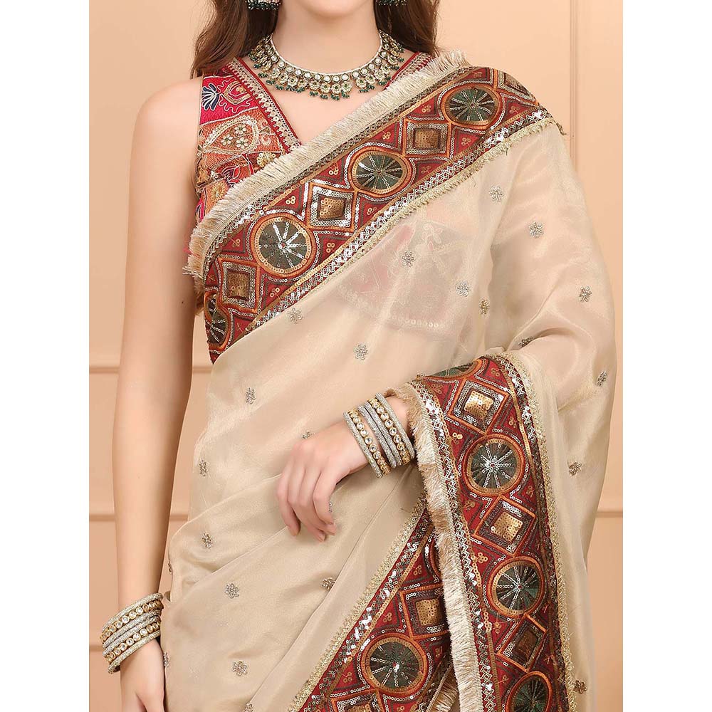 Dress & Dazzle Gold Net Saree with Unstitched Blouse