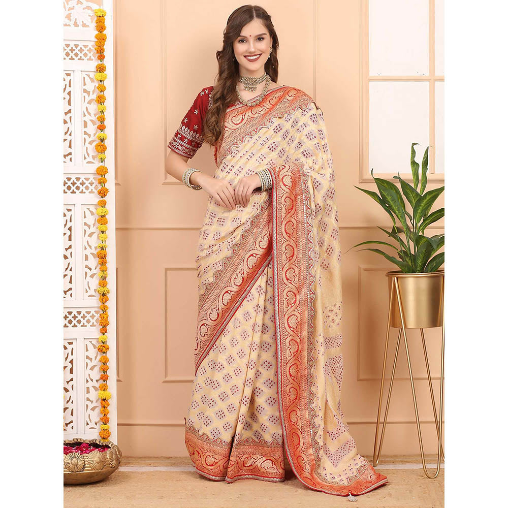 Dress & Dazzle Beige Khadi Georgette Saree with Unstitched Blouse