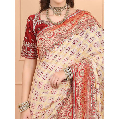 Dress & Dazzle Beige Khadi Georgette Saree with Unstitched Blouse