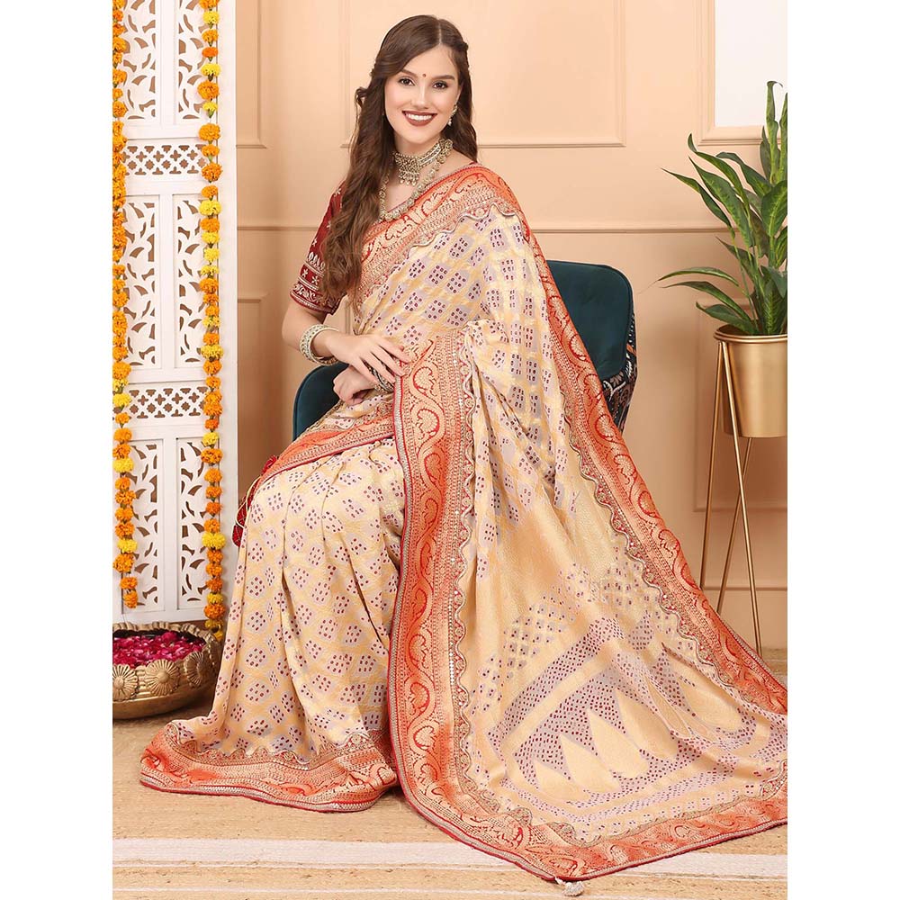 Dress & Dazzle Beige Khadi Georgette Saree with Unstitched Blouse