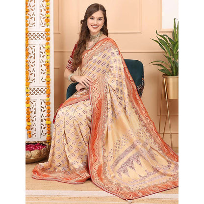 Dress & Dazzle Beige Khadi Georgette Saree with Unstitched Blouse