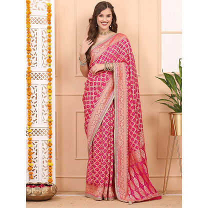 Dress & Dazzle Pink Khadi Georgette Saree with Unstitched Blouse