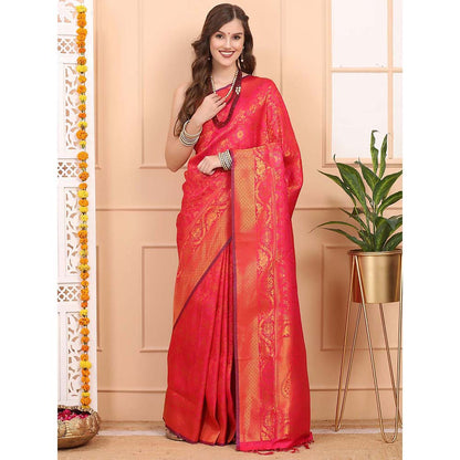 Dress & Dazzle Pink Jacquard Silk Saree with Unstitched Blouse
