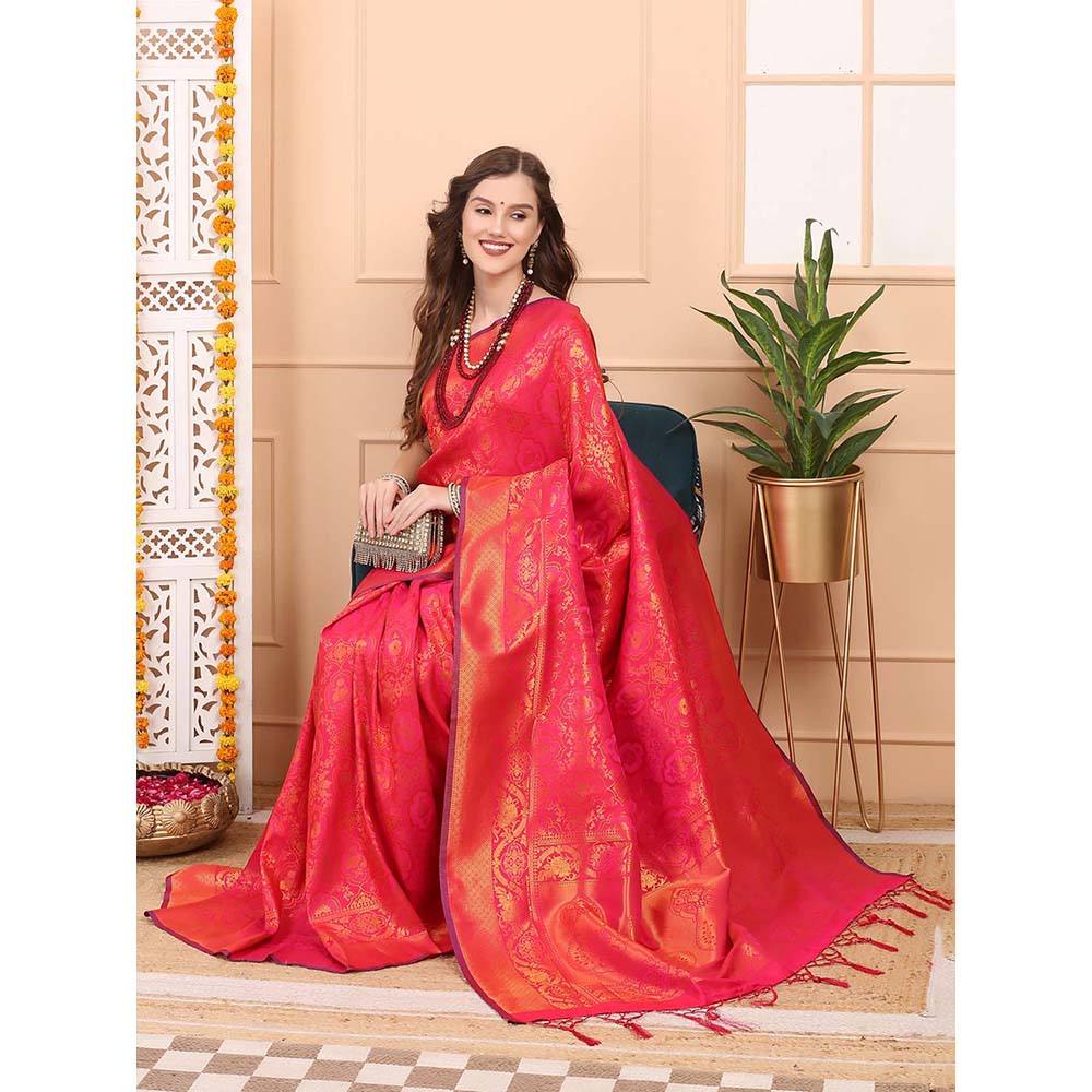Dress & Dazzle Pink Jacquard Silk Saree with Unstitched Blouse