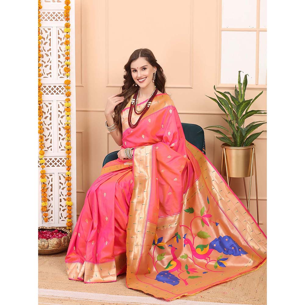 Dress & Dazzle Blush Pink Paithani Silk Saree with Unstitched Blouse