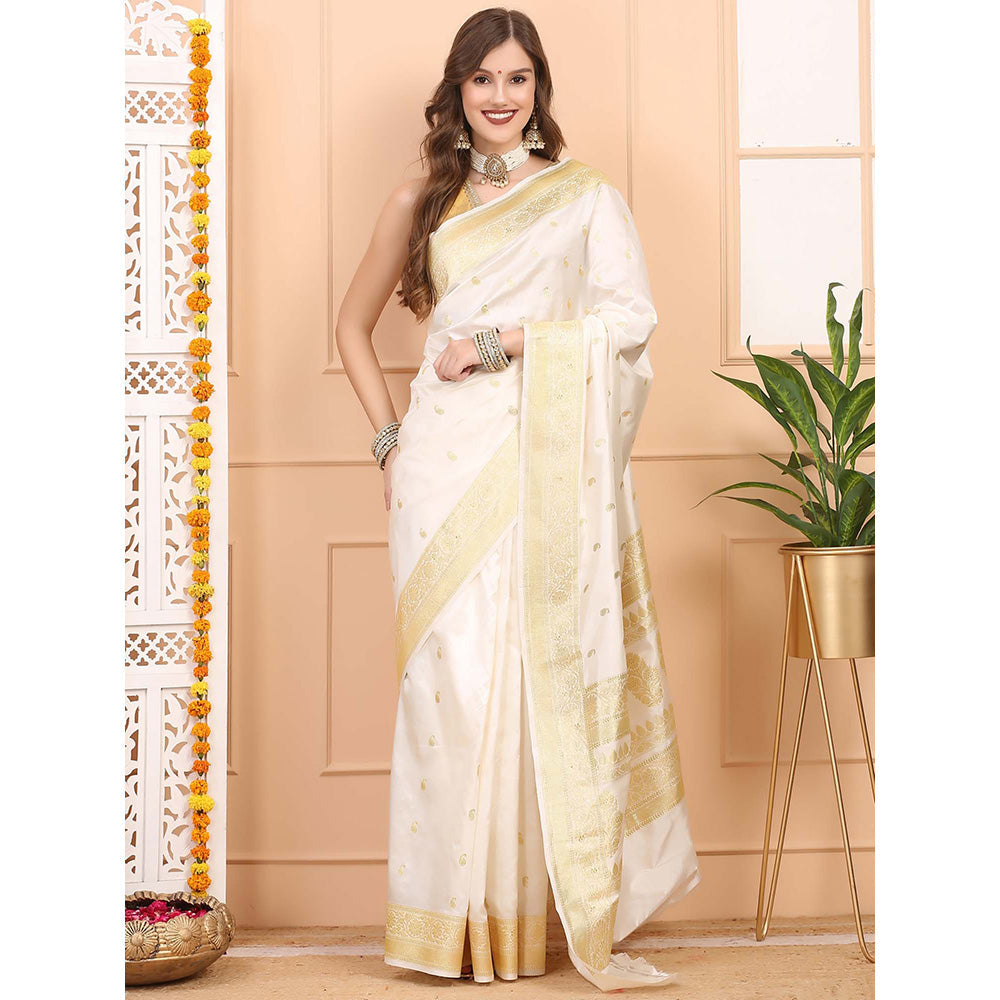 Dress & Dazzle Ivory Cream Katan Silk Saree with Unstitched Blouse